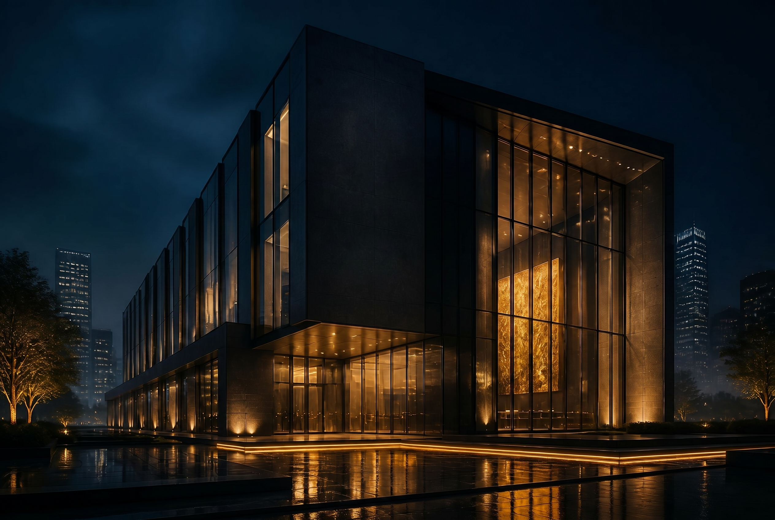 Architectural night render of a modern financial headquarters with warm gold interior light