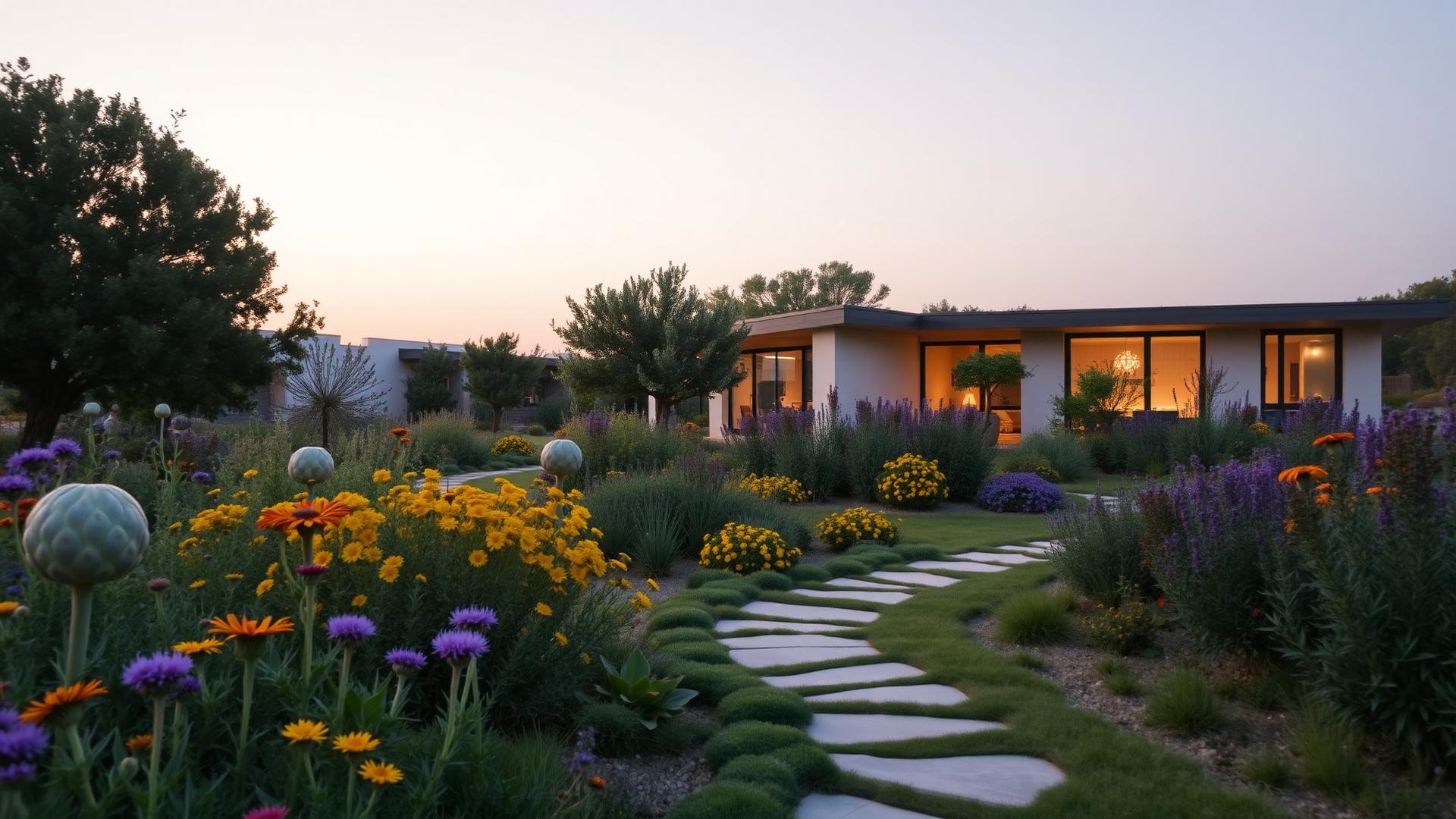Wild edible landscape blooming around a modern home at dusk
