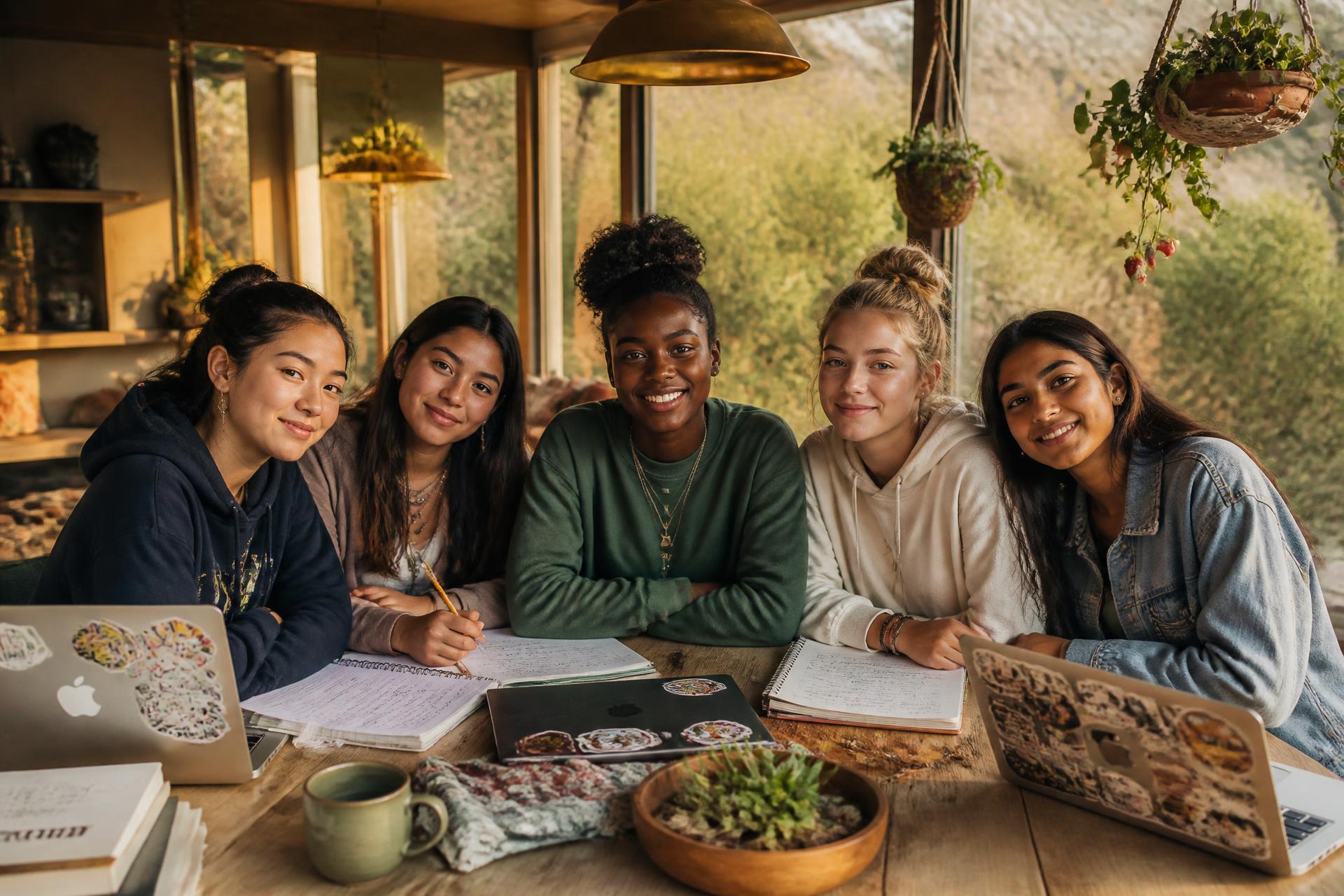 Young women gathered in a sunlit home academy