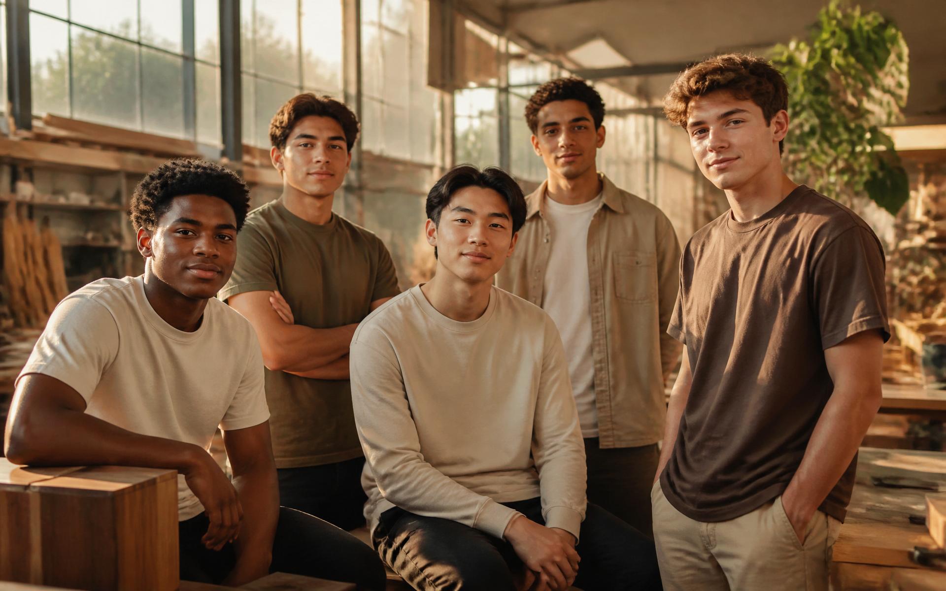 Five young men of diverse ethnicities in a sunlit maker studio