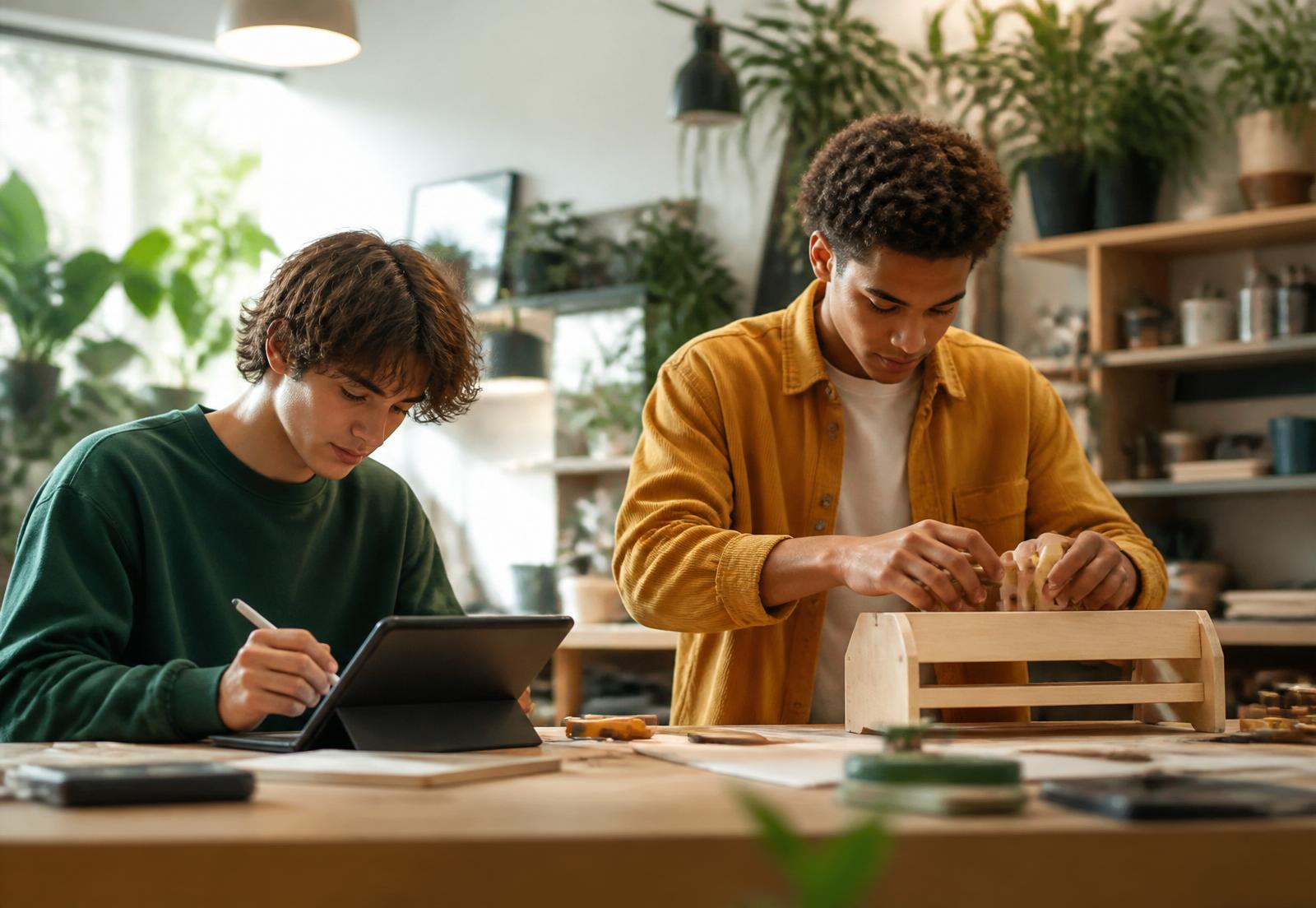 Two young men building in a plant-filled maker studio